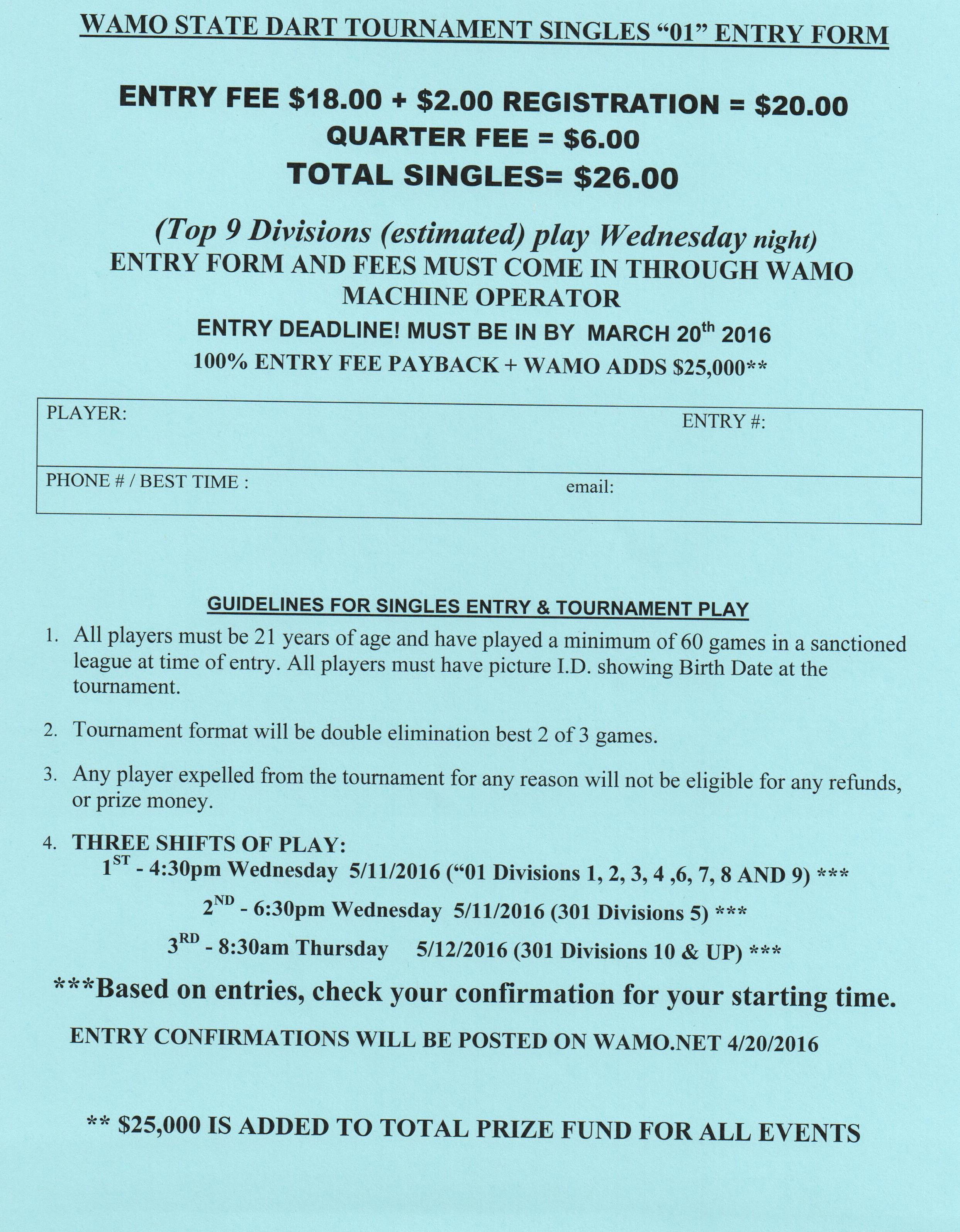 Leagues News Bullseye Games > WAMO State Dart Entry Forms